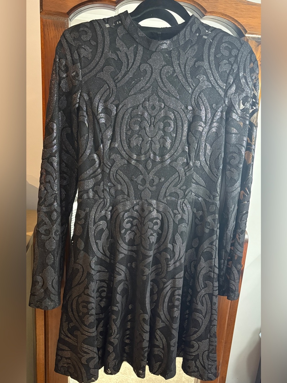 GUESS Long-Sleeve Shimmer A-line Lace Dress with High Neck in Black